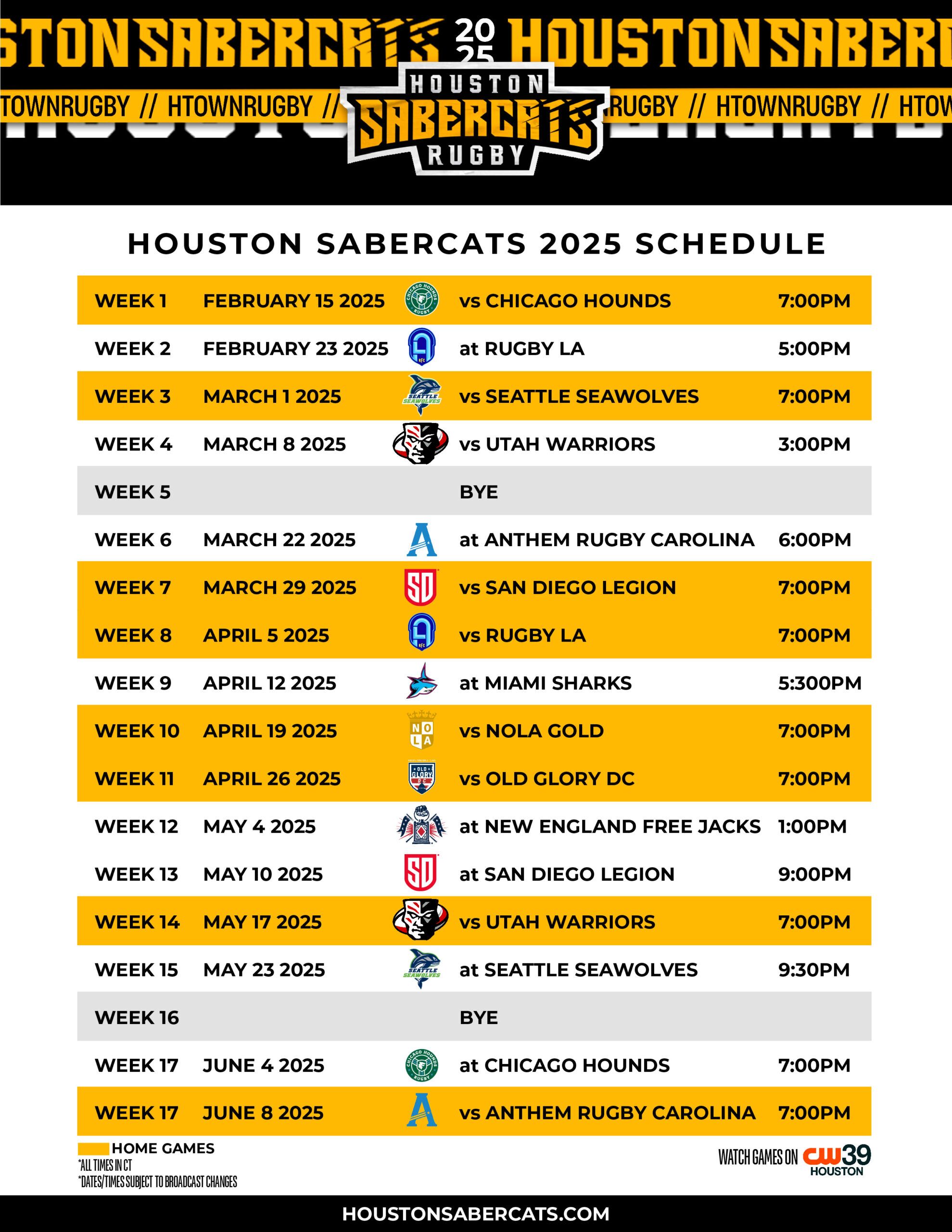 Schedule Houston SaberCats Rugby